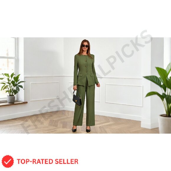 Long Sleeve Blazer Wide Leg Pant Suit Set Business Casual Elegant Minimal - Picture 8 of 8